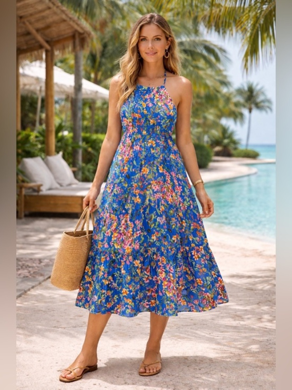 Blue Floral Halter Maxi Dress Tiered Boho Vacation Resort Summer Medium